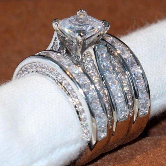 NEW 3PC/Set 925 Sterling Silver Diamond Ring
